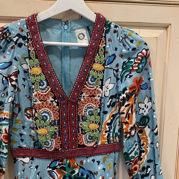 Anthropologie Akemi beaded Karmina blue printed dress - Picture 3 of 5